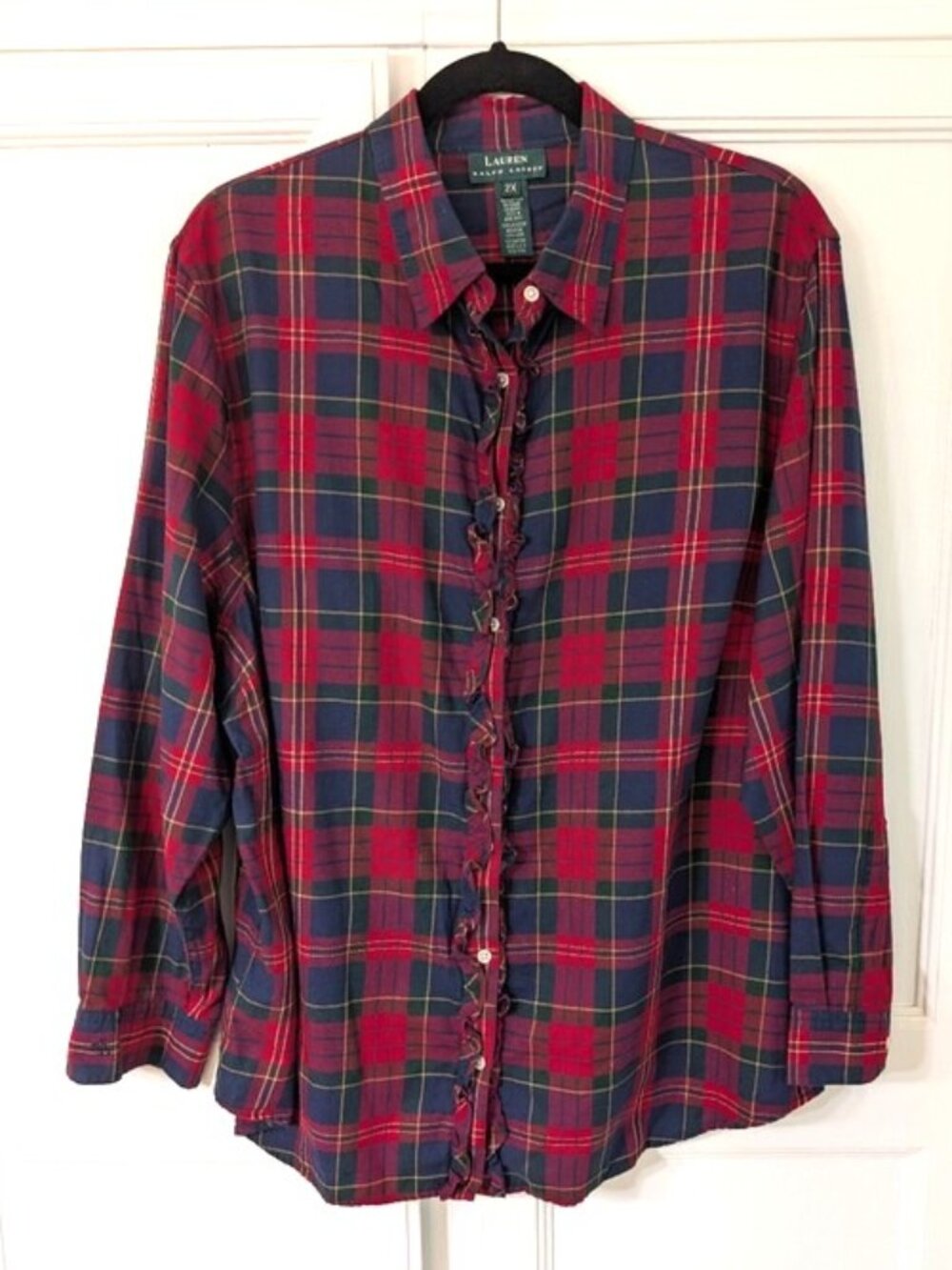 Like New LRL Cotton Tartan Plaid Shirt Button Down Ruffle Details Blouse 2X